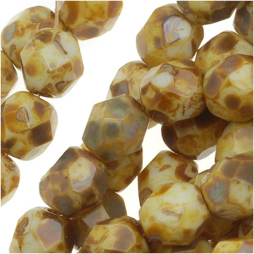 Czech Fire Polished Glass Beads 6mm Round Opaque White Picasso (25 pcs)