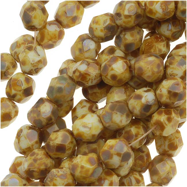 Czech Fire Polished Glass Beads 6mm Round Opaque White Picasso (25 pcs)