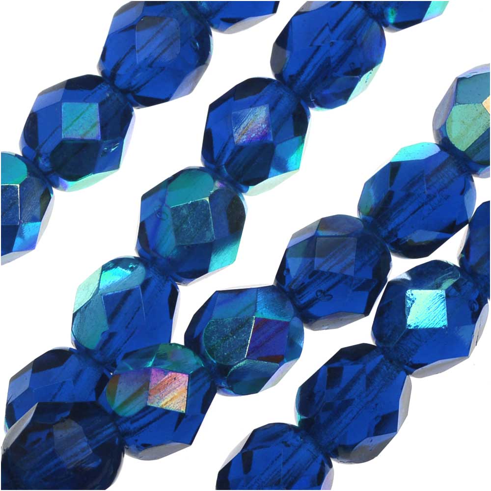 Czech Fire Polished Glass Beads 6mm Round Cobalt Blue AB (25 pcs