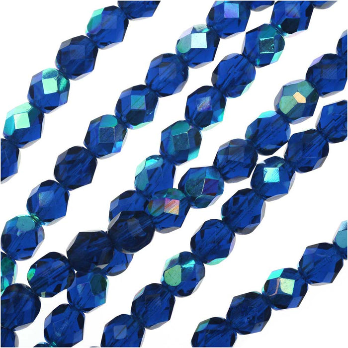 Czech Fire Polished Glass Beads 6mm Round Cobalt Blue AB (25 pcs)