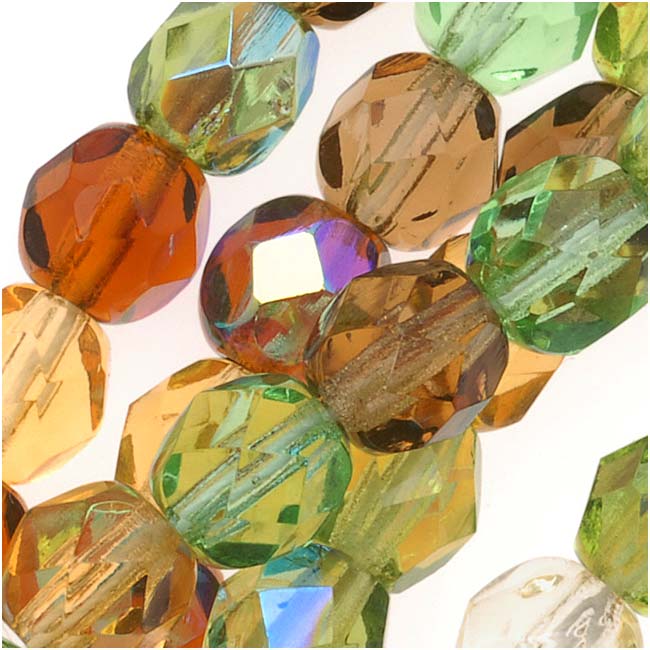Czech Fire Polished Glass Beads 6mm Round 'Earthtones Green Brown Amber Mix' (50 pcs)