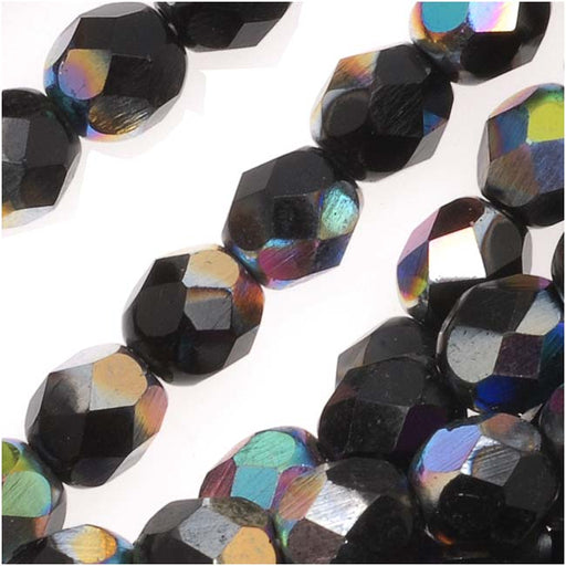 Czech Fire Polished Glass Beads 6mm Round Jet Black Vitrail (25 pcs)