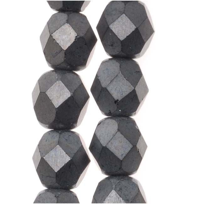 Czech Fire Polished Glass Beads 6mm Round Matte Hematite (1 Strand)
