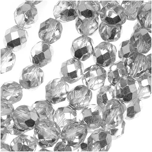 Czech Fire Polished Glass Beads 8mm Round Crystal Silver Half-Coat (25 pcs)