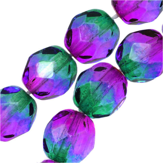 Czech Fire Polished Glass Two Toned Beads 8mm Round Purple Green (1 Strand)