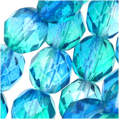 Czech Fire Polished Glass Two Toned Beads 8mm Round Blue Green (25 pcs)