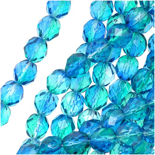 Czech Fire Polished Glass Two Toned Beads 8mm Round Blue Green (25 pcs)