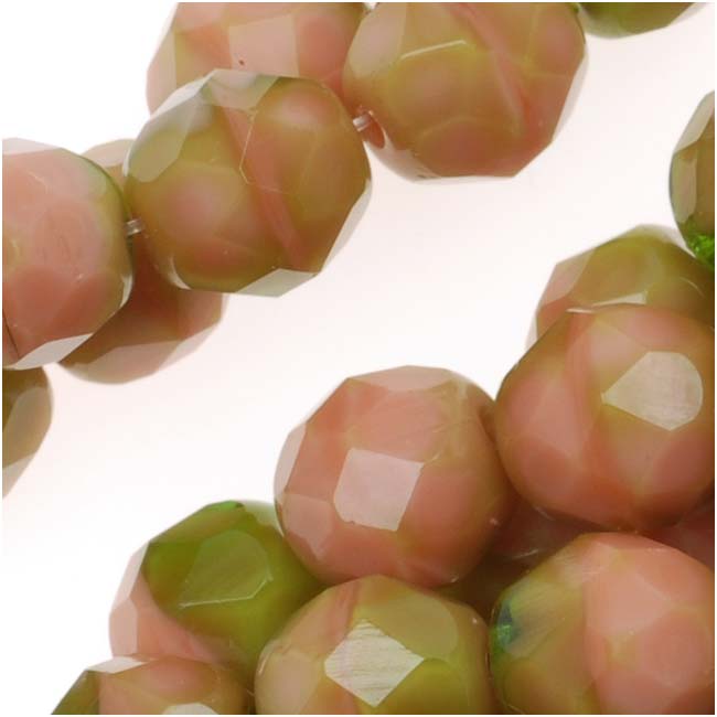 Czech Fire Polished Glass Beads 8mm Round Two Tone Coral Pink/Olivine (1 Strand)