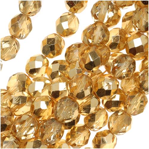 Czech Fire Polished Glass Bead. 8mm Round, Crystal Gold Half-Coat (1 Strand)