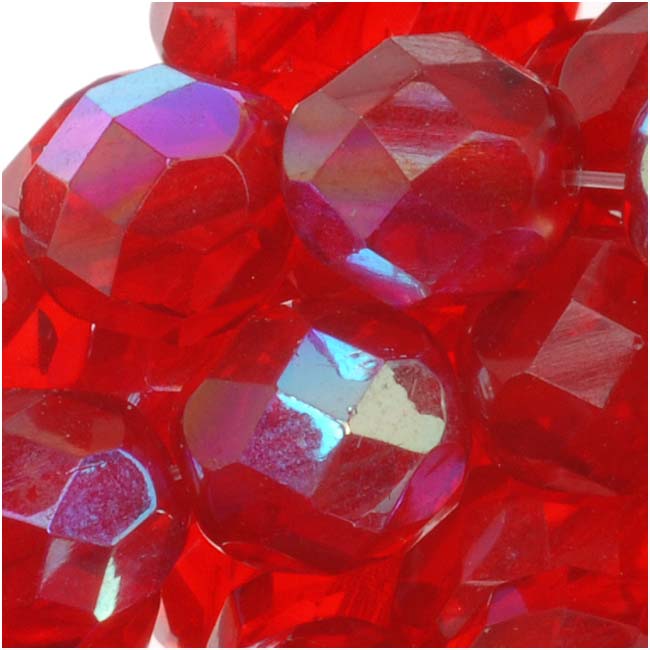 Czech Fire Polished Glass Beads 8mm Round Red Ruby AB (1 Strand)