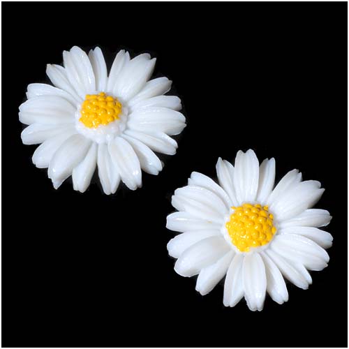 Vintage Look Lucite Cabochon Carved White Daisy Flower 25mm (2 pcs)