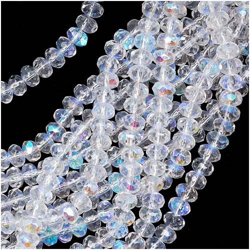 Czech Fire Polished Glass, Donut Rondelle Beads 5x3mm, Crystal AB, (25 Pieces)