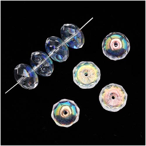 Czech Fire Polished Glass, Donut Rondelle Beads 11x7mm Crystal AB (8 Pieces)