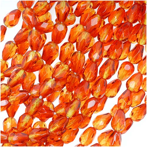 Czech Fire Polished Glass Beads 7 x 5mm Teardrop Orange Yellow (50 Pieces)
