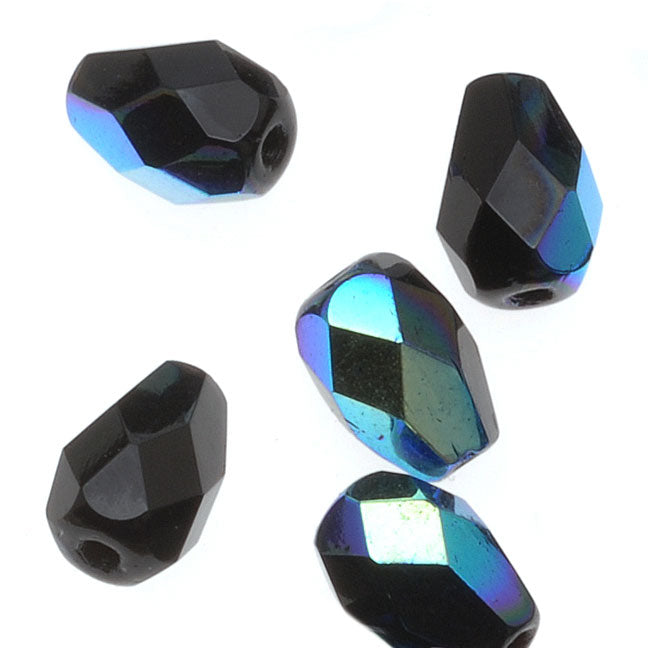 Czech Fire Polished Glass Beads x 5mm Teardrop Jet Black AB (1