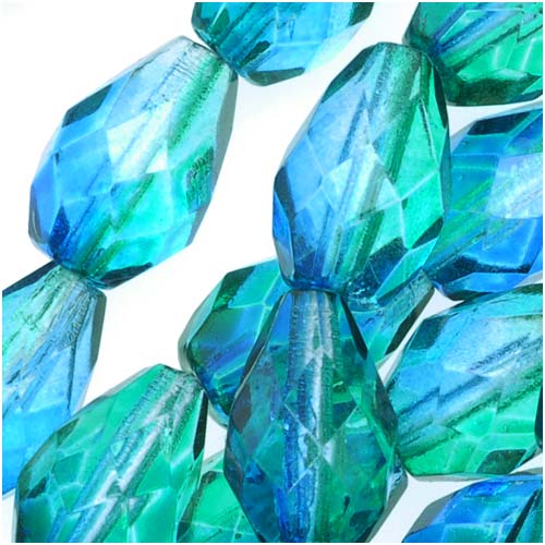 Czech Fire Polished Glass Two Toned Beads 10 x 7mm Teardrop Blue Green, Strand