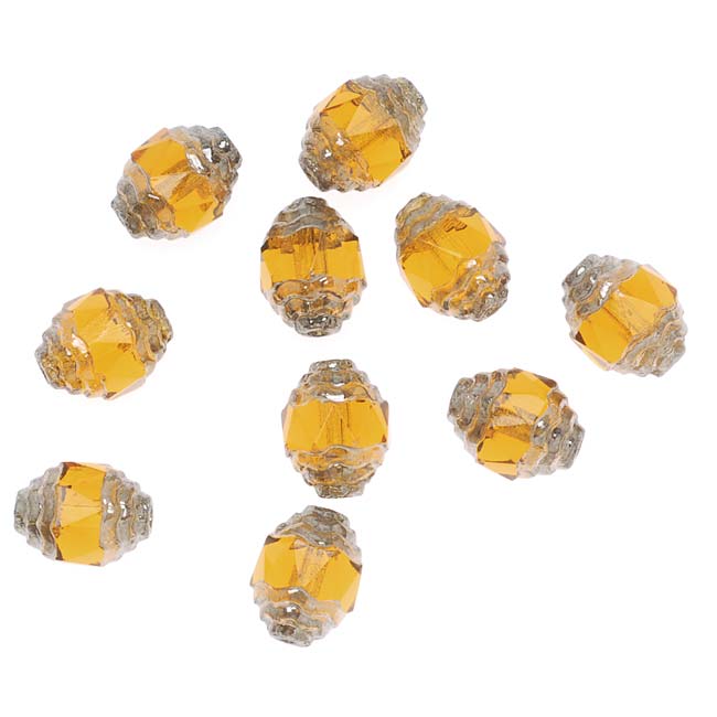 Czech Cathedral 10mm Art Deco Beads Topaz Silver Ends (10 pcs)