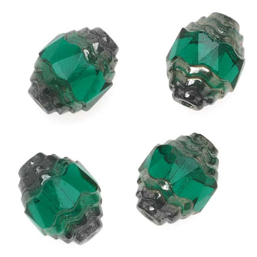 Czech Cathedral 10mm Art Deco Beads Emerald Silver Ends (1 Strand)