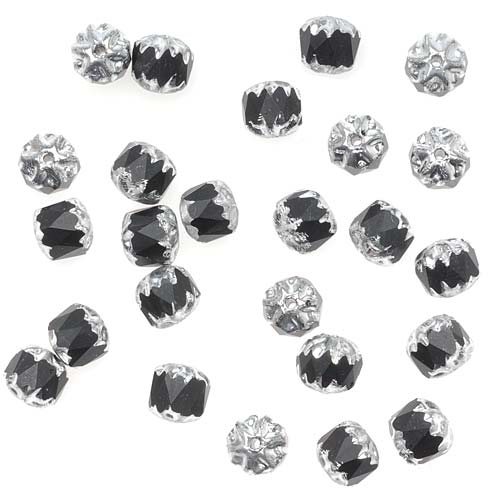 Czech Cathedral Glass Beads 6mm Matte Jet Black / Silver Ends (25 pcs)