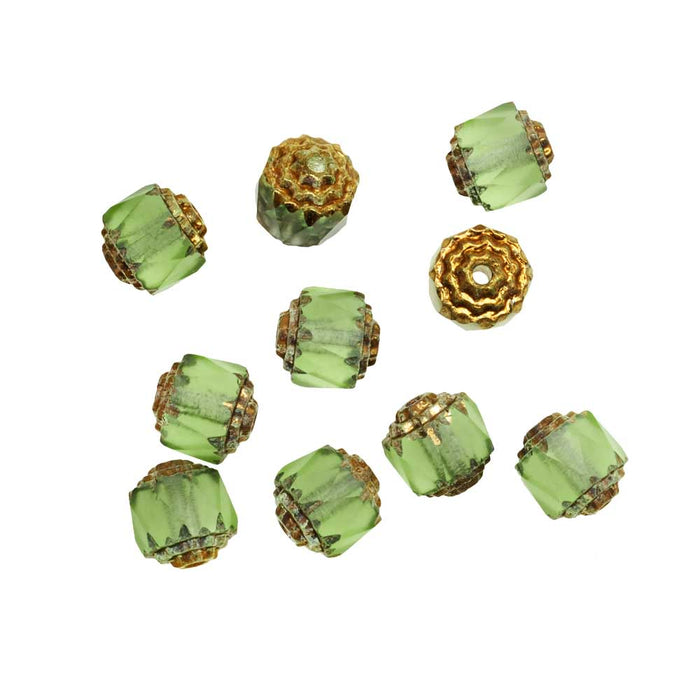 Czech Cathedral Glass Beads 8mm Matte Peridot Green/Gold Ends (10 pcs)