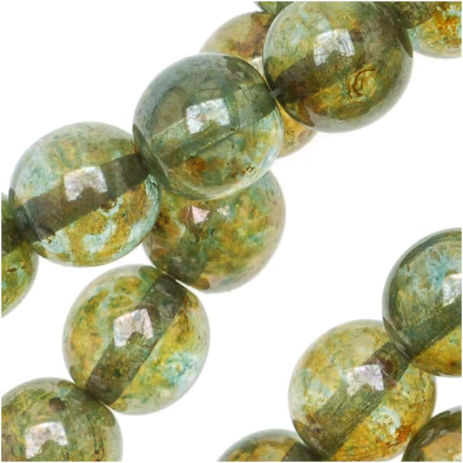 Czech Glass Druk Round Beads 8mm Olivine Gold Luster (1 Strand)
