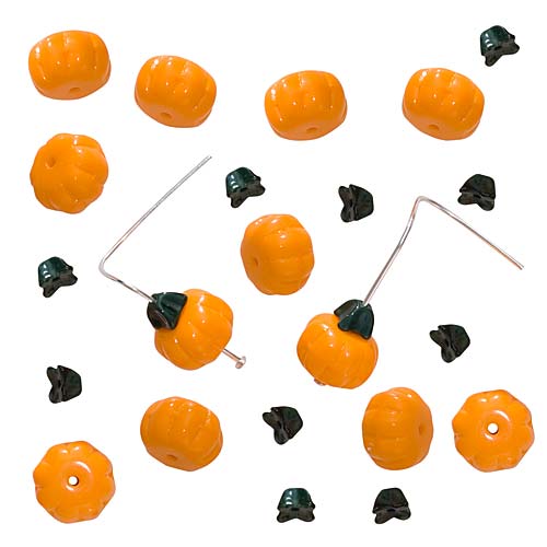 Czech Glass Bead Set Orange Pumpkins With Green Stems 11mm (12 Sets)