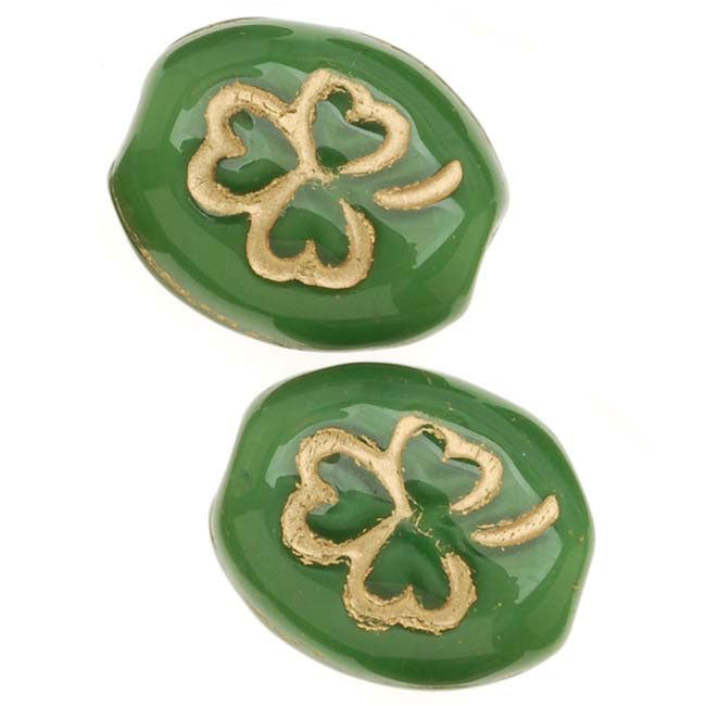 Czech Glass Oval Beads With St. Patricks Day Green Shamrock/Gold Inlay 10mm (1 Strand)
