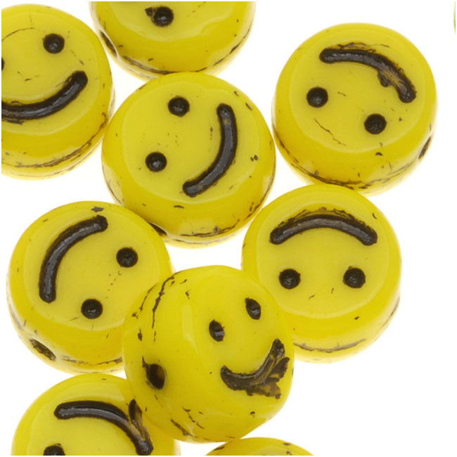 Czech Glass Small 6mm Happy Face Smiley Beads Yellow (20 pcs)