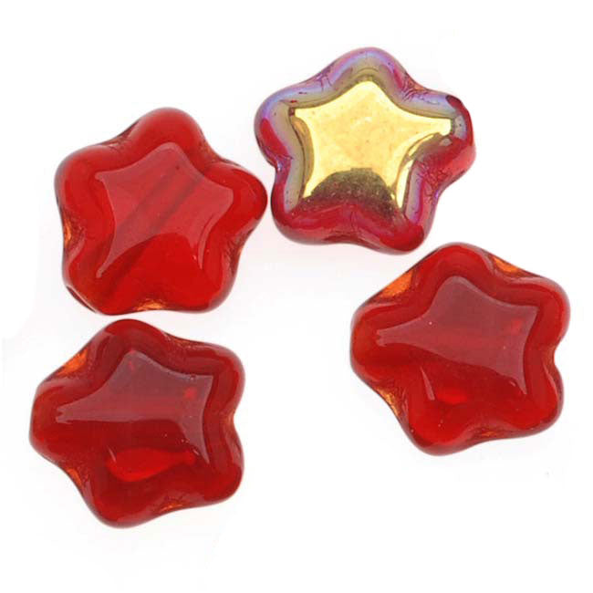 Czech Glass Beads Translucent Siam Red AB Tiny Stars 6mm (25 pcs)