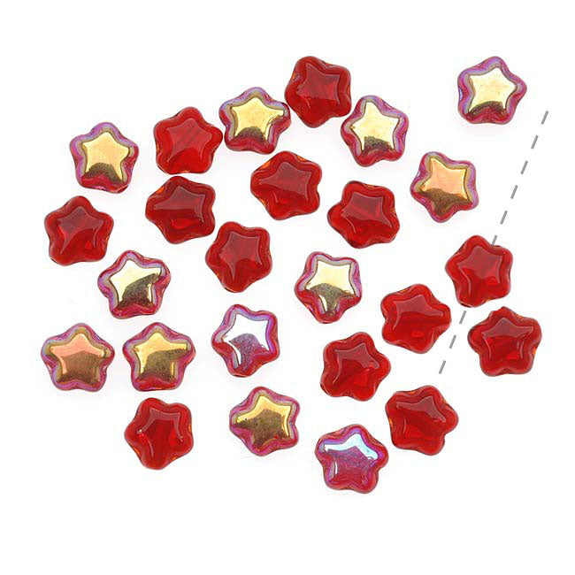 Czech Glass Beads Translucent Siam Red AB Tiny Stars 6mm (25 pcs)