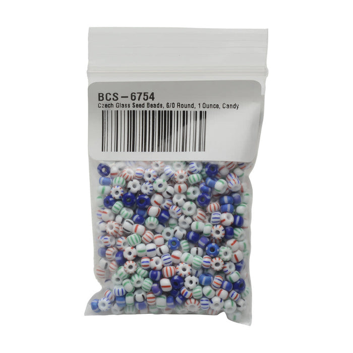 Czech Glass Seed Beads, 6/0 Round, Candy Stripes Mix (1 Ounce)