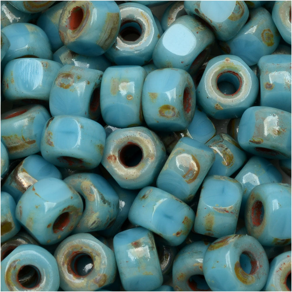 Czech Glass Matubo, Tri-Cut 2/0 Seed Bead, Turquoise Blue Dark Travertine (20 Gram Tube)