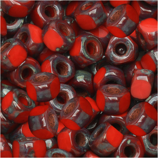 Czech Glass Matubo, Tri-Cut 2/0 Seed Bead, Red Dark Travertine (20 Gram Tube)