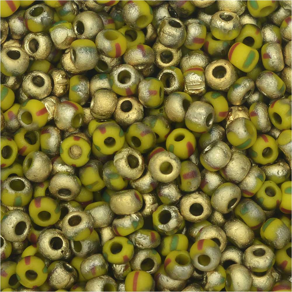 Czech Glass, Bohemian Aged 8/0 Round Seed Beads, Etched Yellow/Red