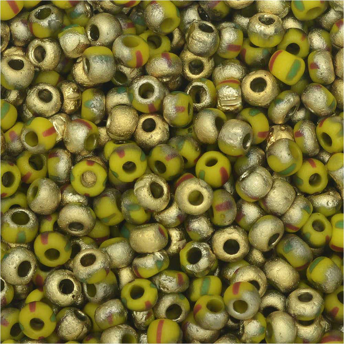 Czech Glass, Bohemian Aged 8/0 Round Seed Beads, Etched Yellow/Red