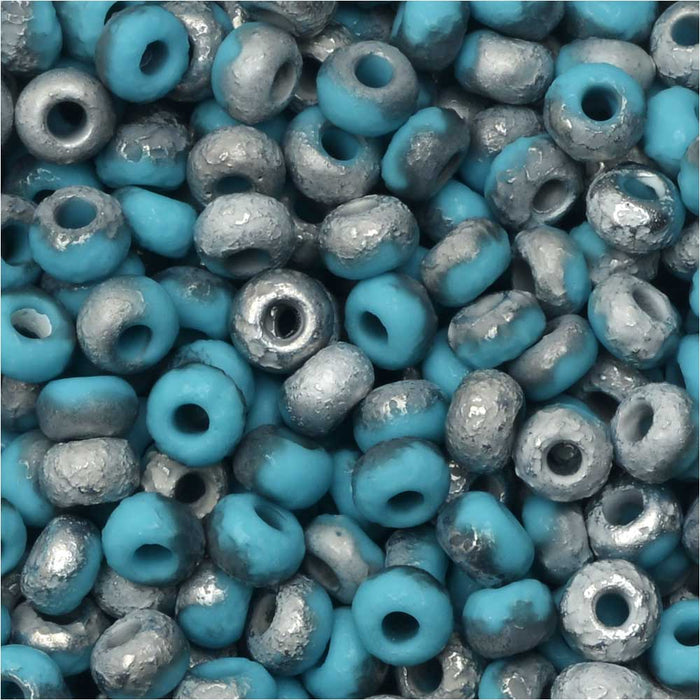 Czech Glass, Bohemian Aged 6/0 Round Seed Beads, Etched Blue Turquoise and Labrador (10 Grams)