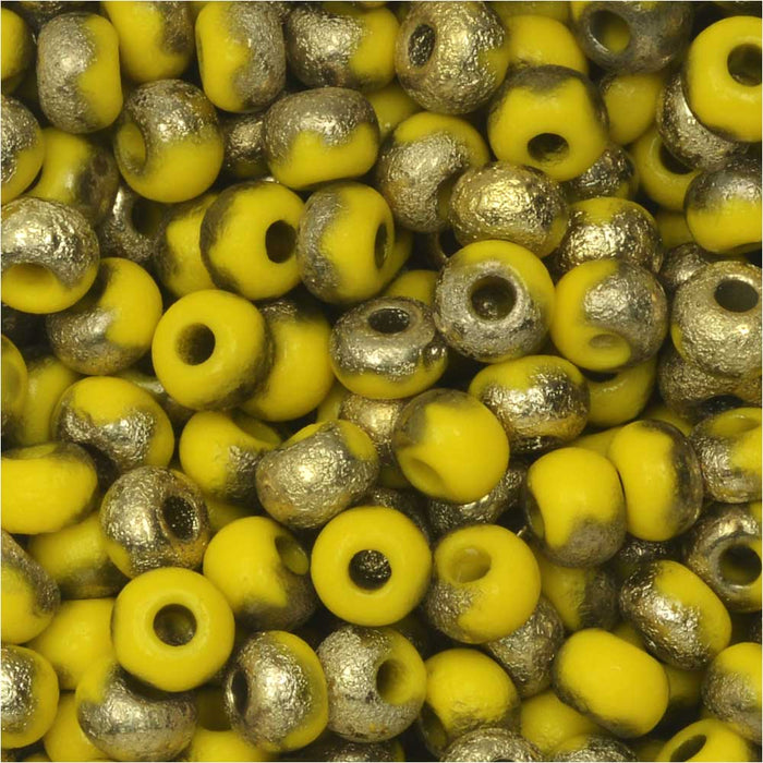 Czech Glass, Bohemian Aged 6/0 Round Seed Beads, Etched Yellow and Amber (10 Grams)