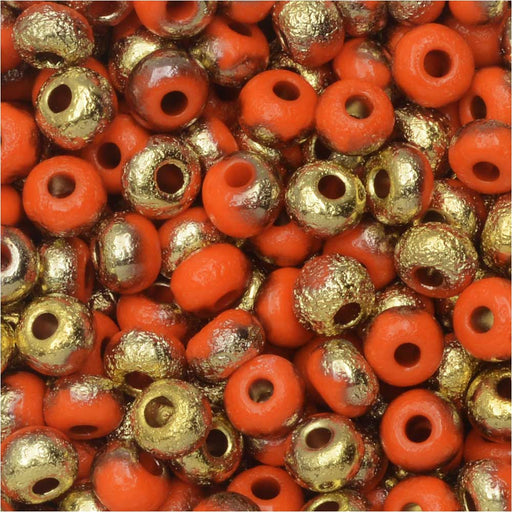 Czech Glass, Bohemian Aged 6/0 Round Seed Beads, Etched Orange and Amber (10 Grams)