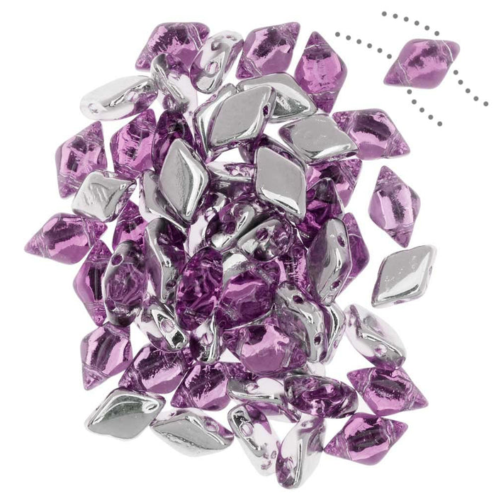 Czech Glass GemDuo, 2-Hole Diamond Shaped Beads 8x5mm, Backlit Pink Mist (2.5" Tube)