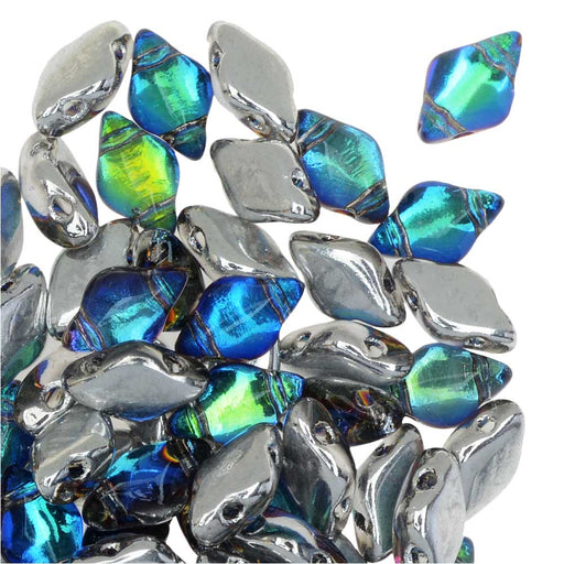 Czech Glass GemDuo, 2-Hole Diamond Shaped Beads 8x5mm, Backlit Petrol (2.5" Tube)