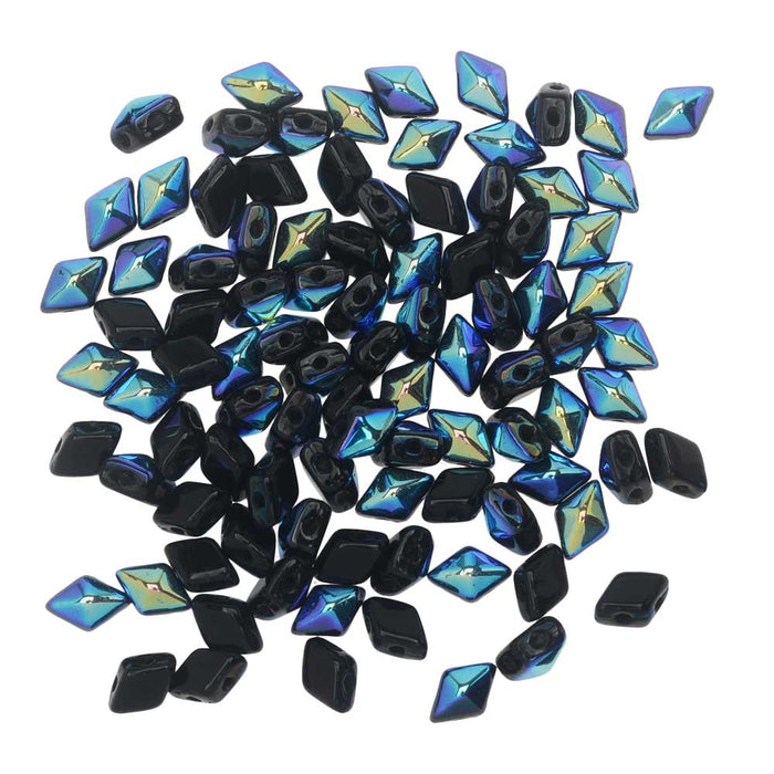 Czech Glass DiamonDuo Mini, 2-Hole Diamond Shaped Beads 4x6mm, Jet AB (25 Gram Pack)