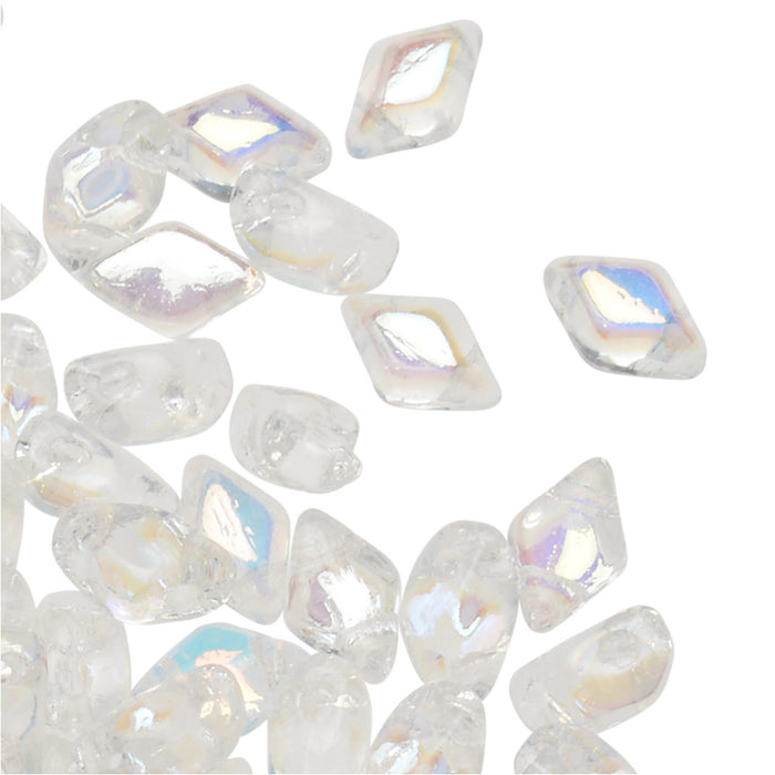 Czech Glass Mini GemDuo, 2-Hole Diamond Shaped Beads 6x4mm, Crystal AB (8.5 Grams)