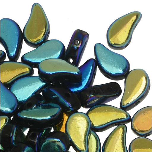 Czech Glass, 2-Hole Paisley Duo Beads 8x5mm, Jet Full AB (22 Gram Tube)