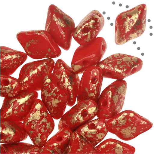 Czech Glass GemDuo, 2-Hole Diamond Shaped Beads 8x5mm, Gold Splash Red Opaque (2.5" Tube)