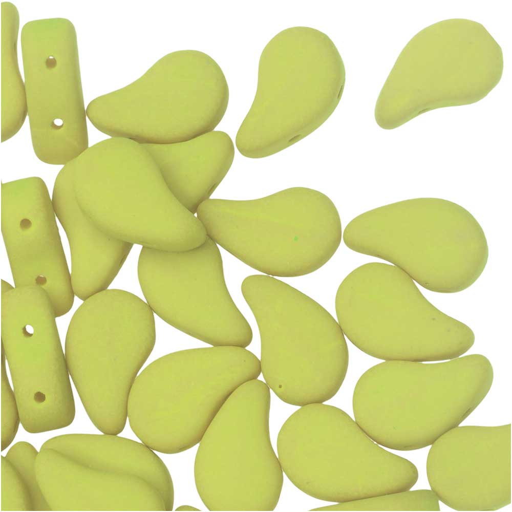 Czech Glass, 2-Hole Paisley Duo Beads 8x5mm, Matte Velvet Lemongrass (22 Gram Tube)