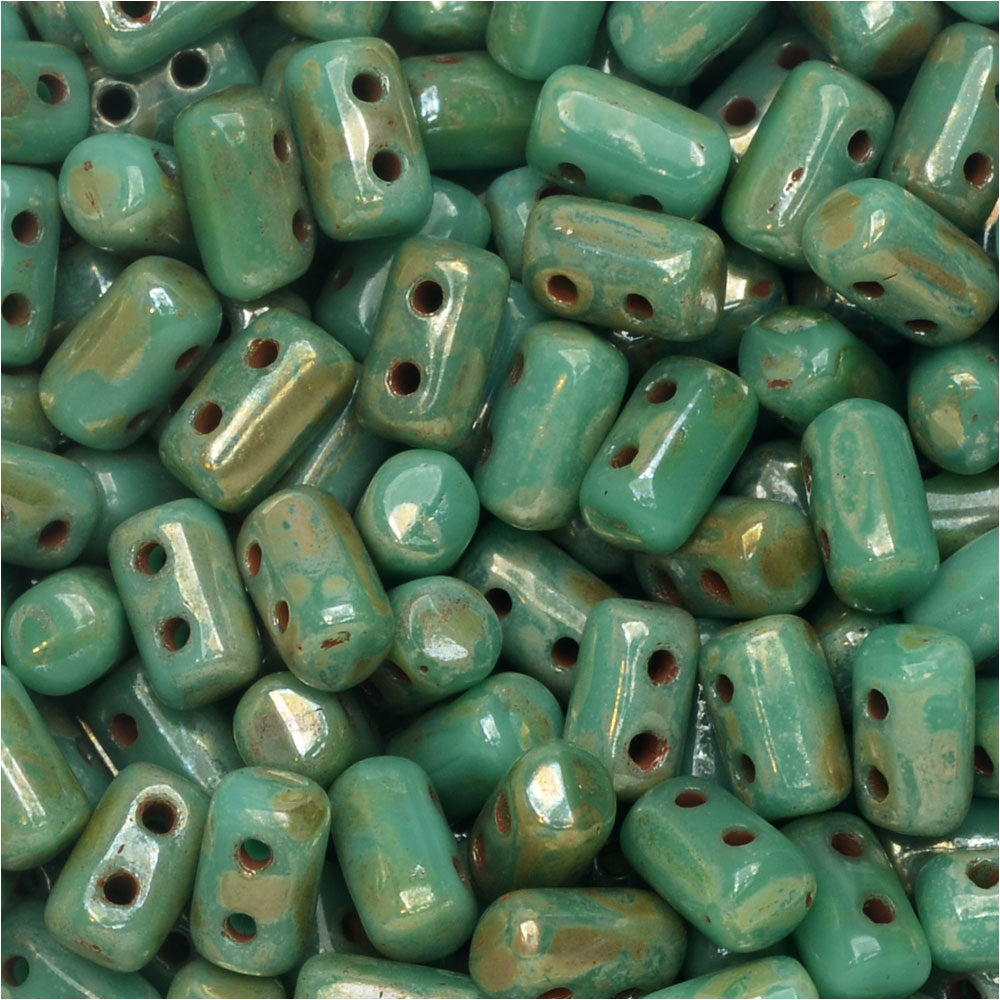 Czech Glass Matubo, Cylindrical 2-Hole Rulla Beads 3x5mm, Turquoise Green Picasso (22 Gram Tube)