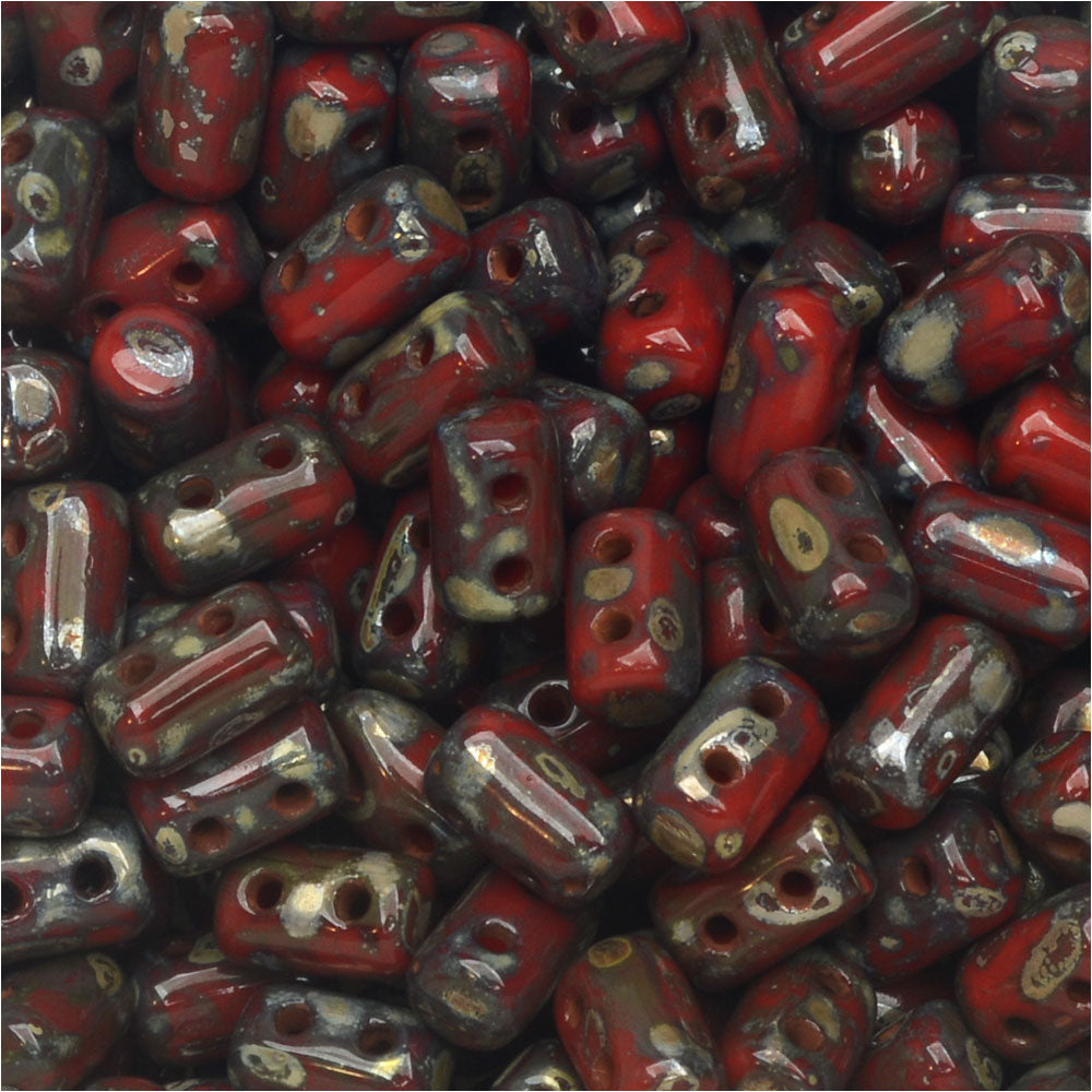 Czech Glass Matubo, Cylindrical 2-Hole Rulla Beads 3x5mm, Opaque Coral Red Picasso (22 Gram Tube)