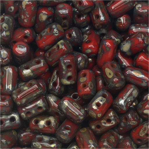Czech Glass Matubo, Cylindrical 2-Hole Rulla Beads 3x5mm, Opaque Coral Red Picasso (22 Gram Tube)
