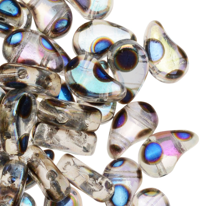 Czech Glass, 2-Hole Paisley Duo Beads 8x5mm, Crystal Full AB Azuro Dot (22 Gram Tube)