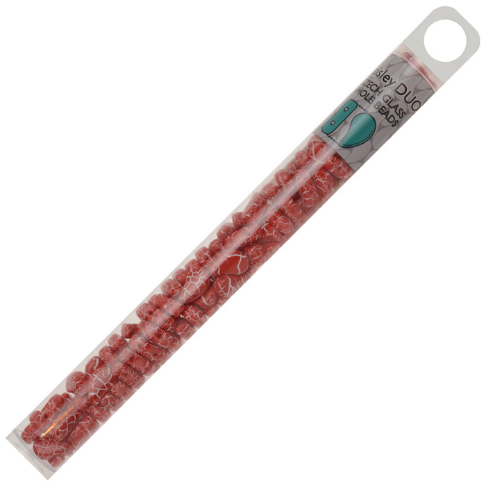 Czech Glass, 2-Hole Paisley Duo Beads 8x5mm, Ionic Red/White (22 Gram Tube)